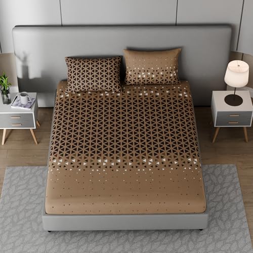Image of BLISSHOME SoftTouch 150TC Cotton King Size Fitted Bedsheet with 2 Pillow Covers, Silky Smooth Bedding Set, Breathable, Easy Maintain, Geometric Pattern - Mocha Brown (183cm x 198cm + 25cm Drop)