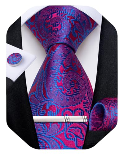 Image of DiBanGu Paisley Ties for Men Silk Necktie and Pocket Square Cufflinks Tie Clip Set Woven Classic Mens Tie for Wedding Party