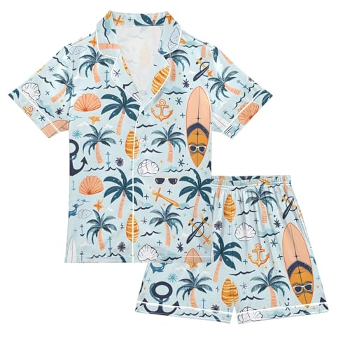 ALAZA Surfboard Palm Tree Anchor Seashell Pajamas Satin Pajama Set Short Sleeve Button Down Sleepwear