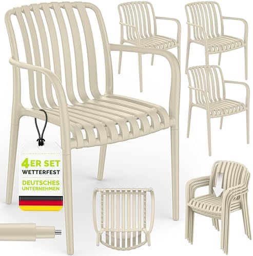 tillvex® Gartenstühle 4er Set Stapelbar Wetterfest mit Armlehne bis 120kg | Outdoor Stühle UV-beständig | Gartenstühle Balkonstuhl Outdoor Kunststoff | Terrassenstuhl Gartenmöbel B