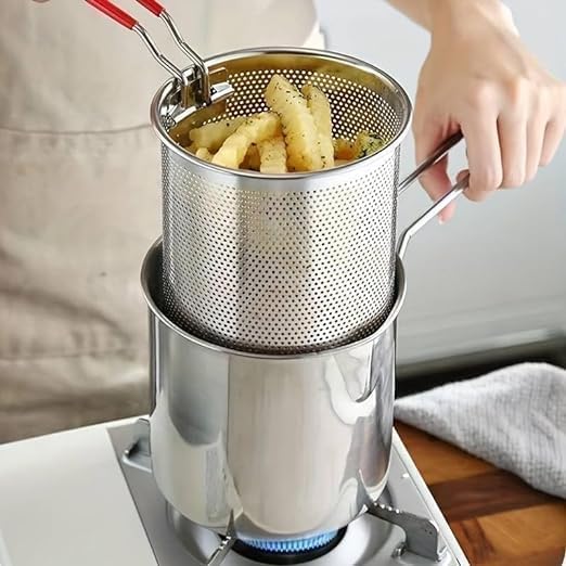DOZERA French Fry Pan with Strainer Basket, Stainless Steel Mini Oil Fryer Pot for Frying Shrimp, Sauces, Gravies, Pasta, Small Deep Fry Basket for Home Kitchen (1.2L)