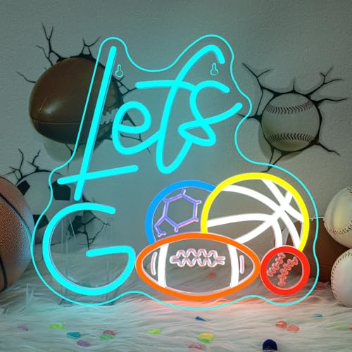 Image of Sports Neon Sign Let's Go Basketball LED Light 4 Balls Combination Sign Light Up Baseball Wall Decor for Gym Themed Party Lighted Football Gifts for Sports Lover