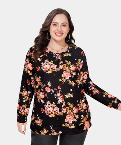 Image of CARCOS Plus Size Tops for Women Color Block Flower /Striped /Camo Crew Neck Long Sleeve Tee Shirt