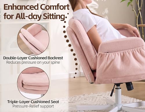 Image of Armrests Criss Cross Chair - Wide Comfy Swivel Vanity Chairs with Wheels, Comfortable Adjustable Home Office Desk Computer Chair for Reading Room, Bedroom, Makeup Room (Pink)