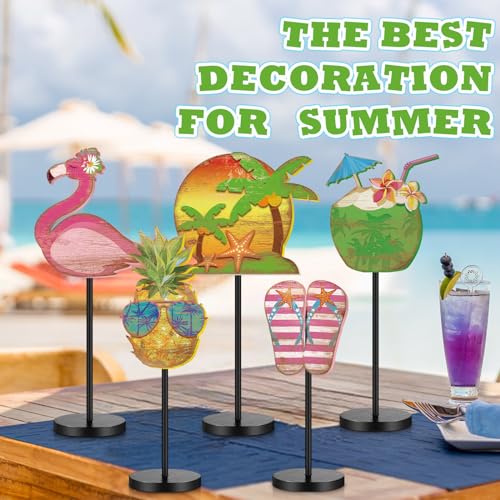 Image of Yousoontic 5 Pcs Summer Beach Table Decor Tropical Hawaii Centerpiece for Table Summer Flamingos Wooden Sign Pineapple Coconut Tiered Tray Decor for Home Kitchen Fireplace Mantel Shelf