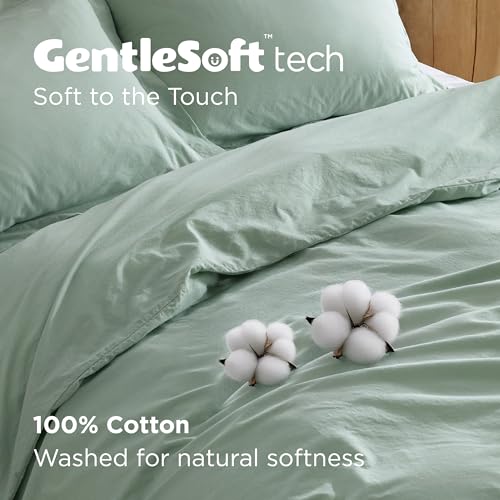 Bedsure 100% Washed Cotton Duvet Cover Queen Size - Sage Green Minimalist Cotton Duvet Cover Linen Like for All Seasons - GentleSoft™ Plain Simple Bedding (Sage Green, Queen, 90"x90")