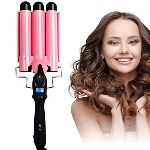 Three Barrel Hair Curling Iron Wand, 25mm Beach Waves Curling Iron with LCD Temperature Display, Fast Heating (Pink)