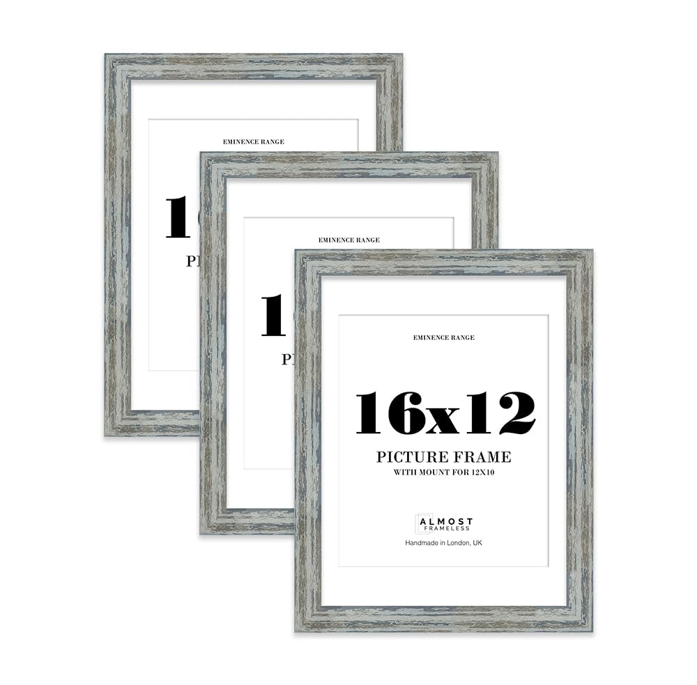 16x12" Distressed Blue Picture Frame with 12x10" Mount - Industrial Photo Frame with Distressed Finish, Wall Hooks, 32mm Edge - 3 Pack