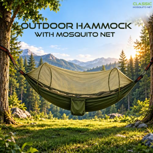 Image of Portable Camping Hammock by Classic Mosquito Net, Dark Green Nylon Hanging Swing with Carabiners for Hiking, Camping, Backpacking & Outdoor Travel