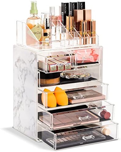 Sorbus Clear Cosmetic Makeup Organizer - Make Up & Jewelry Storage, Case & Display - Spacious Design - Great Holder for Dresser, Bathroom, Vanity & Countertop (4 Large, 2 Small Drawers) [Marble Print]