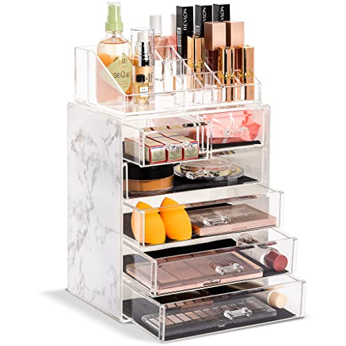 Image of Sorbus Acrylic Makeup Organizer Set, 6-Drawer Vanity & Countertop Cosmetic Storage with Small & Wide Compartments, Marble Print Makeup Storage for Brushes, Jewelry - Holiday Gift for Women & Teens