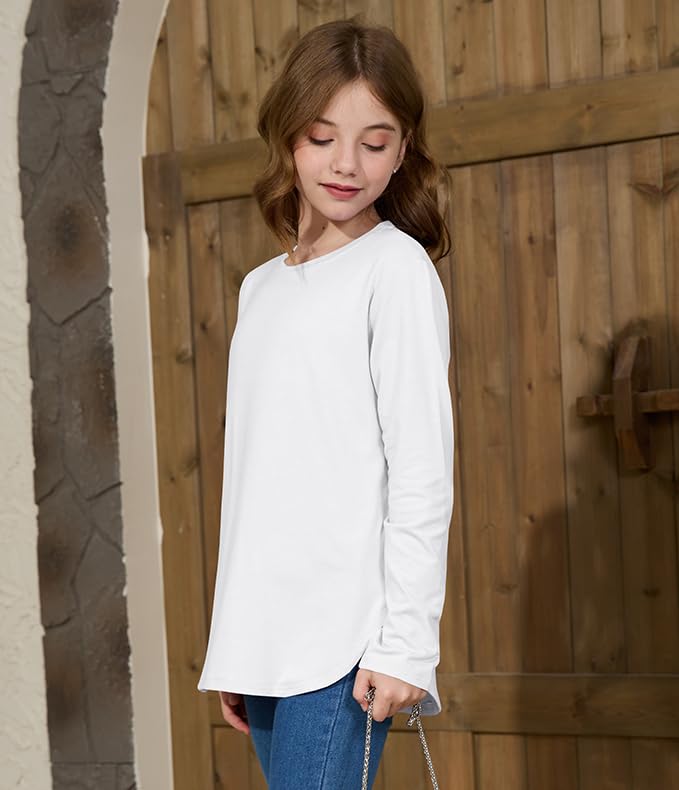ZDC Girls Long Sleeve Shirts Kids Crewneck Soft Tunic Tops Curve Hem Side Slit T-Shirts 5-14 Years4