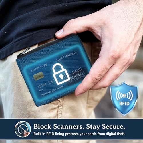 Image of ROGUE WALLET Interior Genuine Leather Wallets for Men - RFID Blocking Robust Outer Nylon Wallets - Full Cash Slot and Expandable Coin Pouch - Gift for Men (Navy)