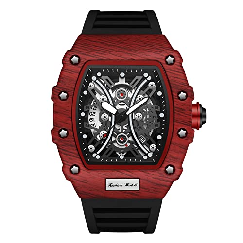 RORIOS Hombre Relojes Luminoso Deportivo Relojes Analogicos Cuarzo Reloj con Correa de Caucho Tonneau Esqueleto Reloj de Pulsera para Hombr
