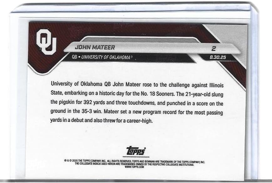 2025 Bowman U Now John Mateer Football Card #2 Gold Foil Ser.# /50 Historical Oklahoma Sooners Debut Fuels Triumph Only 50 Produced