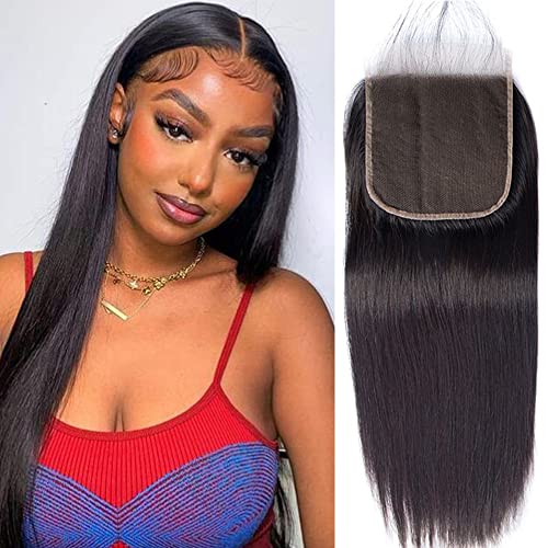 5X5 Closure Straight Lace Closure Only Human Hair Free Part With Baby Hair Preplucked Bleached Knots Brazilian Virgin Hair Swiss Lace Front For Women High Density 5 By 5 Closure Natural Black 18 Inch