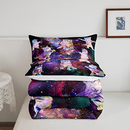 Galaxy Unicorn Comforter Set Kids Cute Unicorn Cats Bedding Set For Boys Girls Fairy Cartoon Animal Comforter Stars Rainbow Cats Decor Quilt Set Room Decor 3Pcs Full Size #TOP4