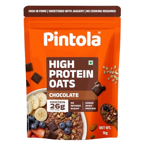 Image of PINTOLA 26g High Protein Oats 1kg, Dark Chocolate, No Refined Sugar, with Almonds, Raisins, Pumpkin & Chia Seeds, 9.6g Fibre, Rolled Oats for Weight Loss, Breakfast Cereals | Gluten Free