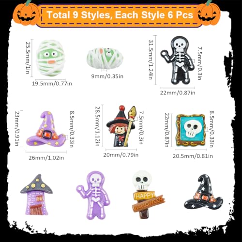 SUNNYCLUE 54Pcs 9 Styles Halloween Resin Charm Skeleton Cabochon Bulk Assorted Flatback Holiday Ghost Mummy Skeleton Skull Witch Hat Spooky Cabochons for DIY Crafting Jewellery Making Embellishments - Image 2