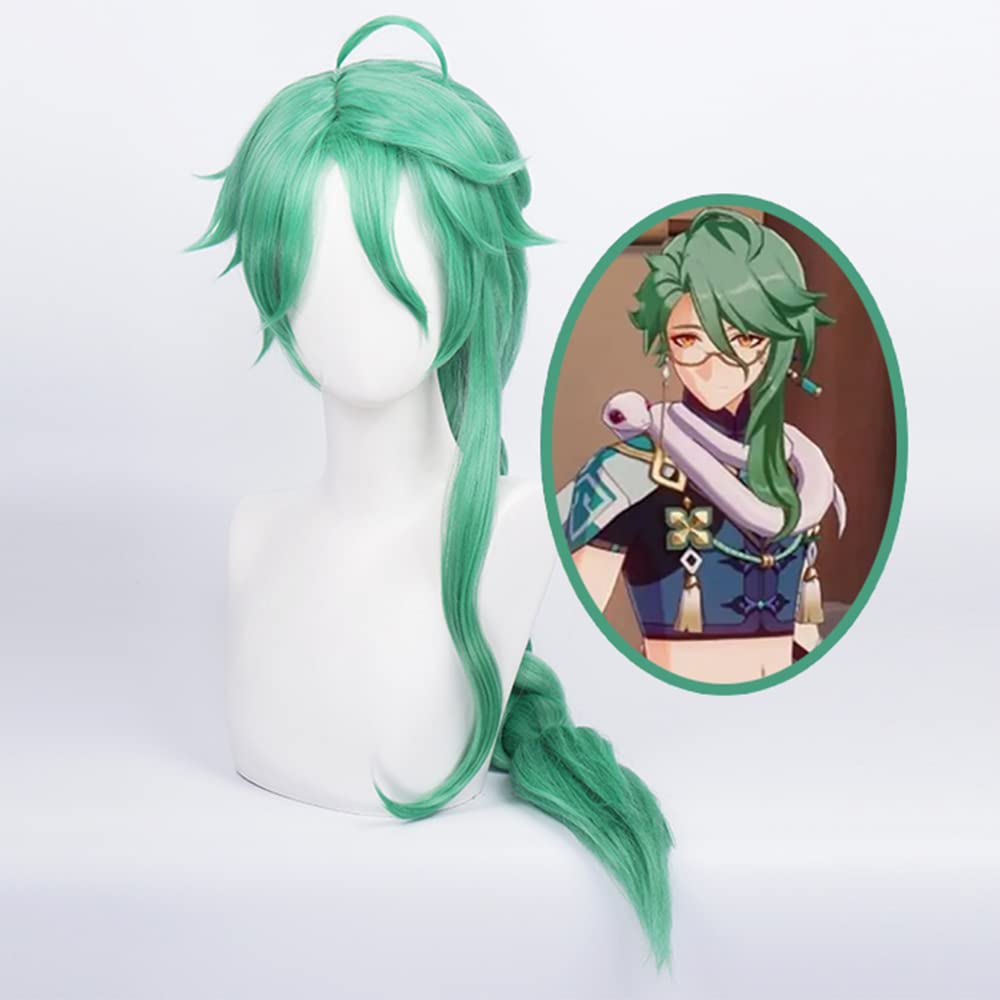 Green Long Pogtail Braids Heat Resisitant Synthetic Hair for Adult Women Men Halloween Cos Anime Role Play Replacement Wigs - Image 2