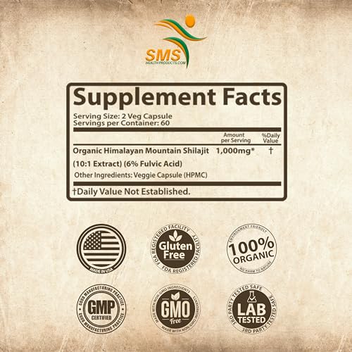 SMSHEALTHPRODUCTS.com Shilajit Pure Himalayan Capsules (Fulvic Acid Supplement) 1,000mg of Organic Shilajit Extract per Serving, 120 Count (85+ Trace Minerals, No Fillers, No Binders)