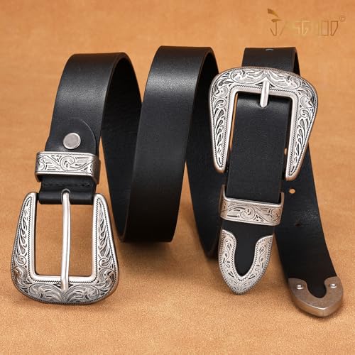 Image of JASGOOD Double Buckle Western Belts for Woman Cowgirl Country Belt Vintage Black Leather Belt for Jeans Pants Dresses