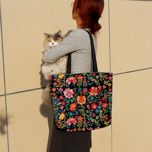Bolso Tote Florido Colorido Estético con Bolsillo Interior con Cremallera Ligero y Lavable Estilo Bohemio para Mujeres miniatura 2