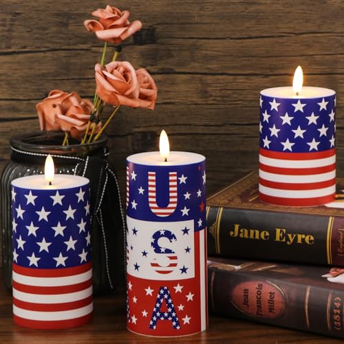 Image of Patriotic Flameless Pillar Candles Battery Operated with Remote Timer Plastic Realistic 3D Wick Outdoor Waterproof LED Flickering Candles 4th of July USA Flag Decor(3 Pack, 3 x 4,5,6 Inches)