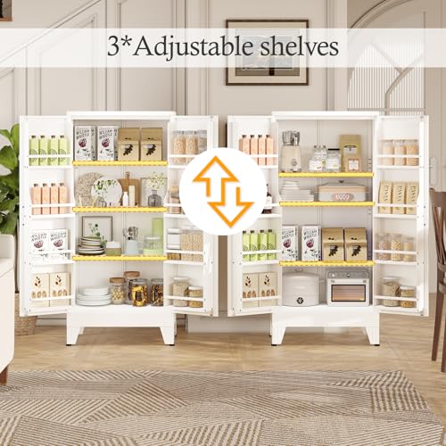 Image of White Pantry Storage Cabinet, 48 inch Kitchen Pantry with Doors and 3 Adjustable Shelves, Metal Freestanding Buffet Cupboards Sideboard, for Office, Home, Garage, School