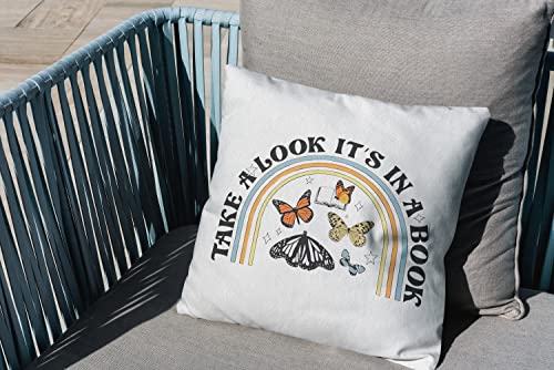 Boho Rainbow Butterfly Take A Look It's In A Book Pillow Case 18″×18″,Lovely Reading Suggestion Decorative Cushion Cover For College Dorm Library Home Living Room Bedroom,Gifts For Book Lovers Teens #TOP2