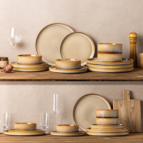 Image of TheTerra Ceramic Dinnerware Sets for 4, 12 Pieces Porcelain Lightweight Plates and Bowls Sets, Scratch Resistant Dish Set, Oven & Microwave & Dishwasher Safe, Creamy Amber