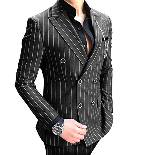 Men's Pinstripe Suit 2 Pieces Slim Fit Double Breasted Suit Blazer Prom Tuxedo Suit for Wedding Groom Striped Suit
