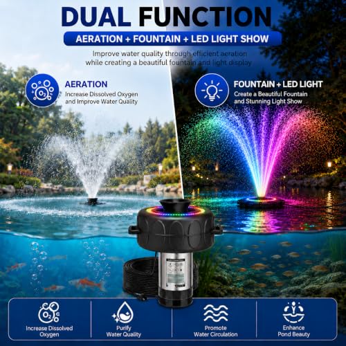 Image of Pond Fountain Aerator with Lights RGB Light 1HP 750W 110V Fountain | Fully Automatic change color, Stainless Steel Fountain Pump with 100 FT Power Cord, Pond Fountains for Small Large Pond Lake