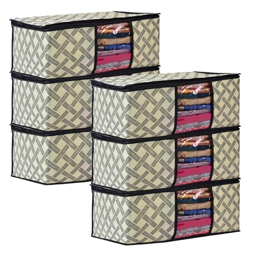 Image of Non-Woven Printed Saree Covers - Cloth Storage /Wardrobe with Transparent Window, Zipper Closure (YELLOW BLACK CHECK PACK OF 6)