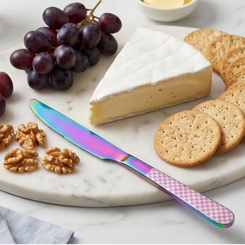 Image of 9 inch Rainbow Steak Knives Set of 5 with Checks Printed Handle ? Durable Stainless Steel Dinner Knife, Mirror Polished Silverware, Perfect for Home, Restaurant, and Gifting