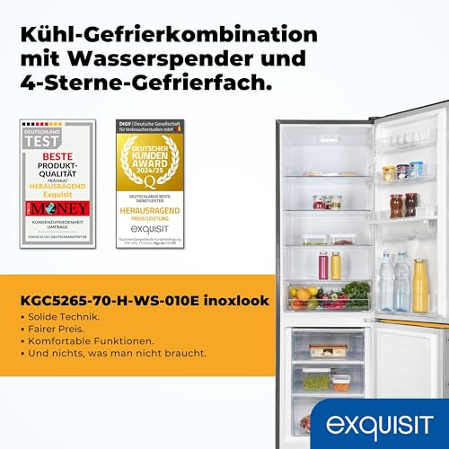 Exquisit Kühlschrank mit Gefrierfach | Kühl-Gefrierkombination freistehend 268 l, Wasserspender, 4-Sterne-Gefrierfach, LED, Inox-Look, 180 cm, 39 dB, Energieklasse E