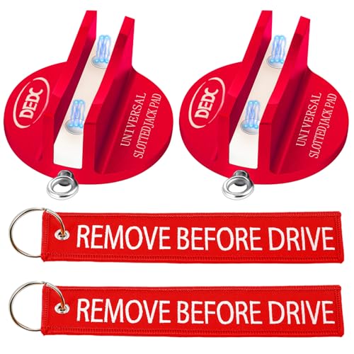 Image of DEDC Universal Pinch Weld Jack Pad 2 Pcs Red, Magnetic Aluminum Jacking Puck Frame Rail Protecotr with 2 Reminder Streamers Compatible, Garage Accessories for Mechanics