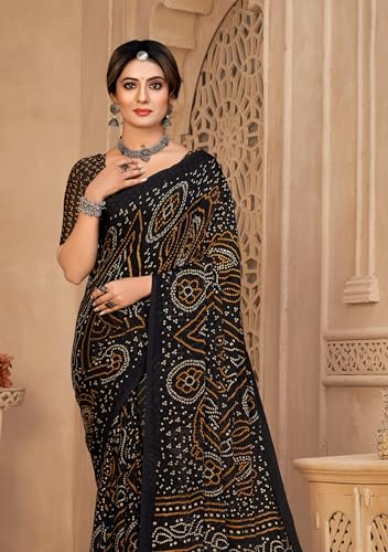 Image of Women's Chiffon Bandhani Geometric Printed Saree With Unstitched Blouse Piece