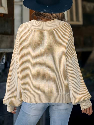 Image of CUPSHE Womens Sweaters Oversized Sweater Loose Fit Long Sleeve Sweater V Neck Striped Pullover Sweater Tops