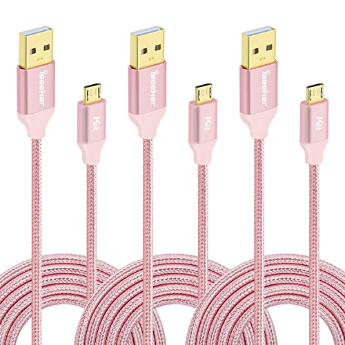iSeekerKit Gold Plated USB Cable 10ft Fast Micro USB Charger Nylon Braided Data Sync Cable Cord for Samsung Galaxy S7 S6 Edge Plus, HTC M9, Nokia, Android Smartphone Tablets [3 Pack]