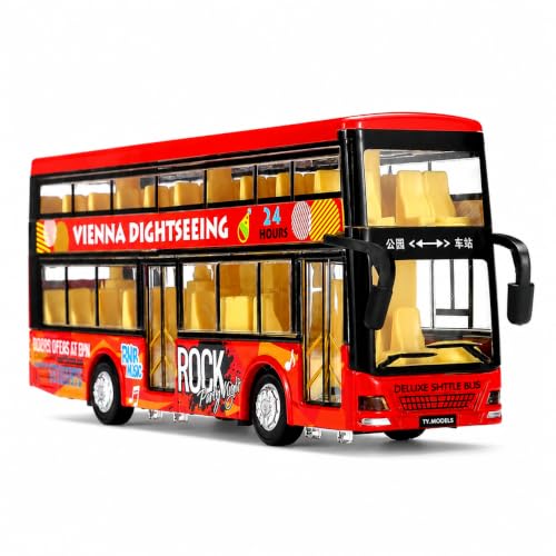 Image of DEOXY Diecast Double Decker Travel Bus Toy Metal Alloy for Kids Light Music Open Door Collection Friction Toys for Boy Kids (Red)