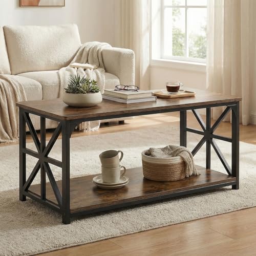 Image of GOFLAME 2-Tier Rectangular Coffee Table, Modern Center Table with Wooden Top, Metal Frame, X Shaped Side Pattern, Display Accent Tea Tables, Living Room Tables for Apartment (Rustic Brown & Black)