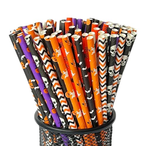 YAOSHENG 200 pajitas para papel. La decoración de fiesta de Halloween es biodegradable. Pajita desechable ecológica. Ecológico. 10 puntas mixtas, cráneos, calabazas, murciélagos, etc. (200)