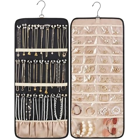 Carbrea Hanging Jewelry Organizer- Large Double-Sided Jewelry Organizers and Storage Butterfly Necklace Holder Earrings Holder Organizer with Metal Hook for Door Closet Wall - Black Cover