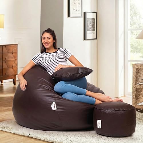 Image of Amazon Brand - Solimo 4XL Premium Faux Leather Bean Bag with Footstool & Cushion Combo for Living Room | Bean Bag Filled with Beans | Capacity Upto 6'5 inch Height & 125 Kg Weight | (Dark Brown)