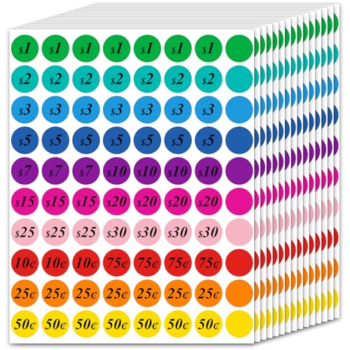 1600 Pcs 3/4 Inch Garage Sale Price Stickers Pre-priced for Flea Markets, County Fairs & Retail, Labelchoice 10 Assorted Colors Round Yard Sale Price Stickers, Strong Adhesive Circle Pricemarker Label