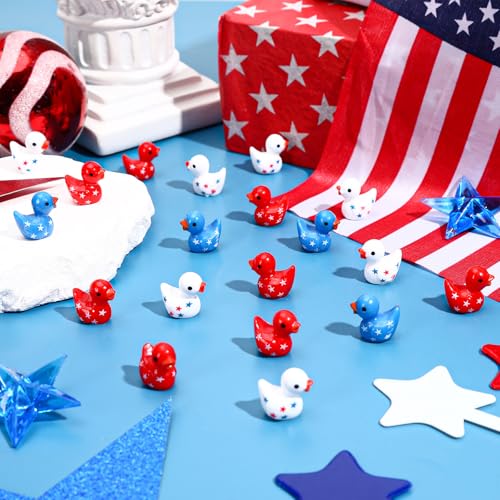 Image of JUNEBRUSHS 50 Pcs Patriotic Ducks Mini Resin Duck 4th of July Tiny Ducks Red White Blue Miniature Ornaments for Vase Filler Jewelry Making DIY Crafts Party Gifts Decorations