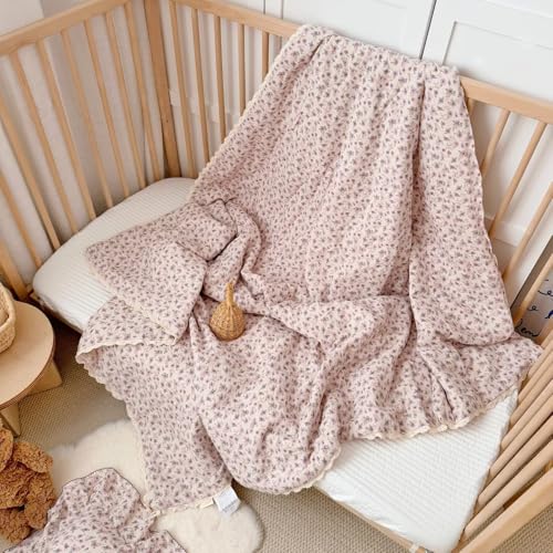 Image of BuLuTu Purple Floral Print Toddler Blanket Quilted 100% Cotton Muslin Lightweight Kids Comforter Soft Bed Blankets for Girls Toddler Crib Quilt, All Seasons Blankets, 47x59 Inches