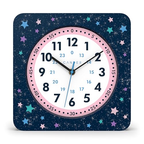 Cander Berlin MNU 4025 Q Horloge murale silencieuse pour enfant Motif étoiles 25 cm Horloge d'apprentissage analogique sans bruit de tic-tac