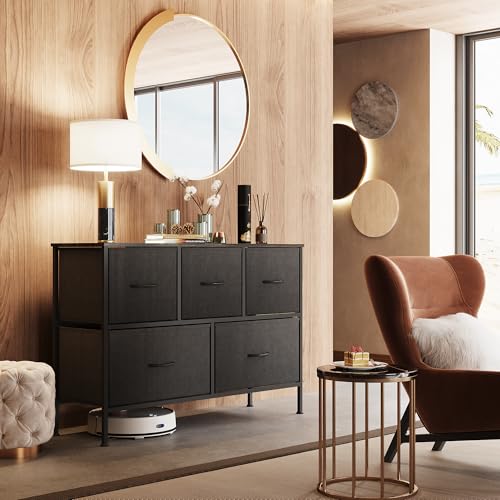 Image of WLIVE Dresser for Bedroom with 5 Drawers, Chest of Drawers, Fabric Dresser, Black Dresser with Fabric Bins for Closet, Living Room, Hallway, Charcoal Black, Size L